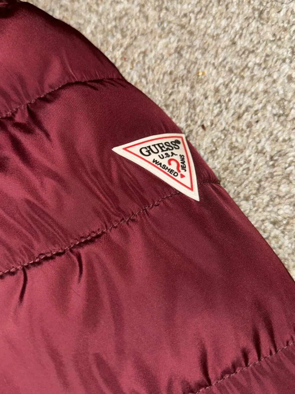 Guess Puffer Jacket Womens Large Red Removable Faux Fur Trim Hood Full Zip sz L